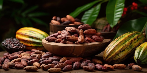 Frutos de cacau cru e feijão na mesa de madeira