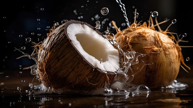 Frutos de coco atingidos por salpicos de água com fundo preto e borrão