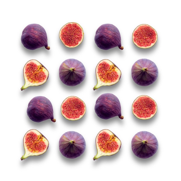 Frutos de figo inteiros e cortados ao meio padrão de grade vibrante sem costura no fundo de cor branca