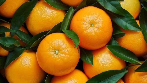 Frutos de laranja maduros e suculentos com folhas