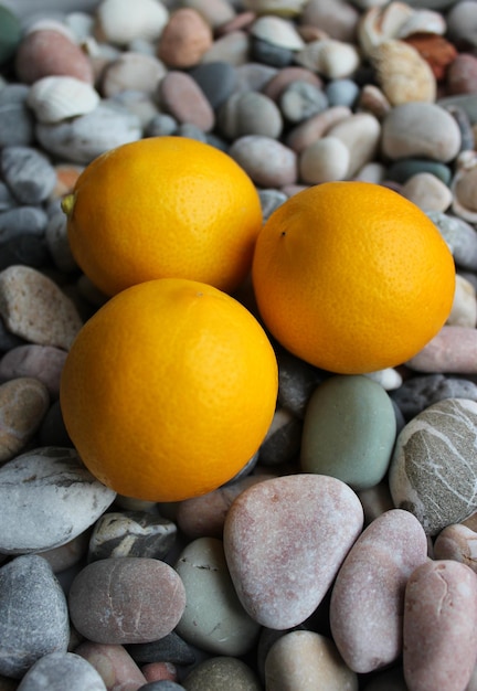 Foto frutos de limão inteiros em um conceito de seixos lisos para fundos verticais