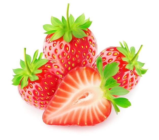 Frutos de morango frescos cortados isolados em vista superior branca