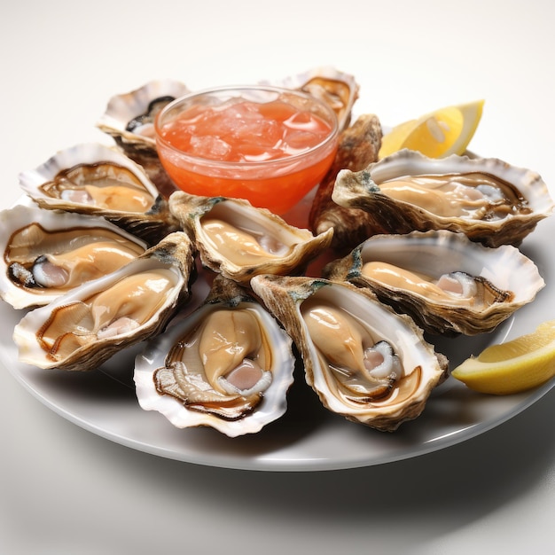 Frutos do mar de ostras frescas servidos com casca e molho de vinagre de limão em um fundo branco