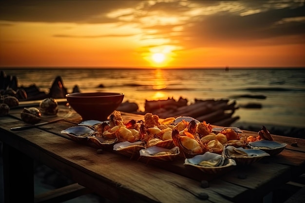 Foto frutos do mar em fundo de madeira