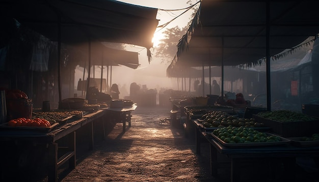 Frutos do mar frescos e vegetais vendidos em barracas de mercado de rua lotadas geradas por IA