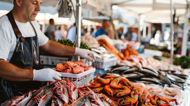 Frutos do mar frescos em exposição em um mercado movimentado Um pescador usando luvas está segurando uma cesta de camarões