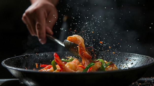 Frutos do mar fritando camarão com legumes perto de uma mão de chef em um fundo preto Generative Ai