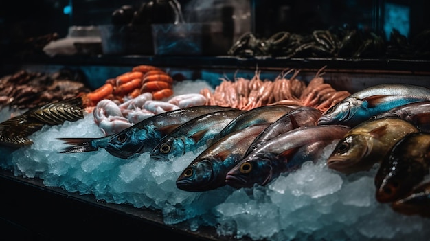 Frutos do mar no gelo em um mercado de peixe