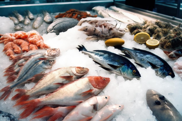 Foto frutos do mar no gelo no mercado de peixe