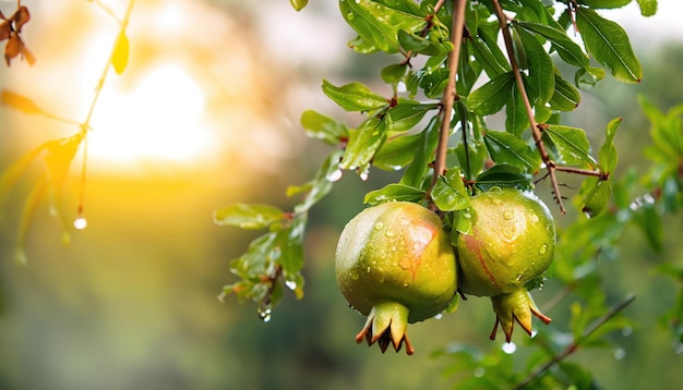 Frutos de granada verde inmadura en hojas en ramas