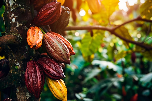 Foto los frutos maduros del cacao en el árbol del cacao