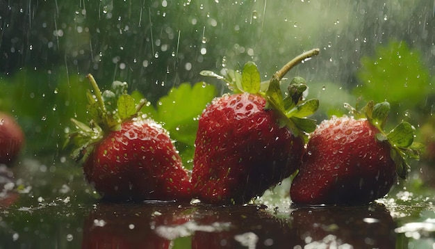 Frutos maduros de morango na chuva de verão