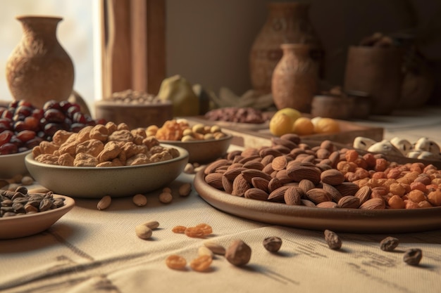 Frutos secos y nueces en una mesa de cerámica beige generada por IA