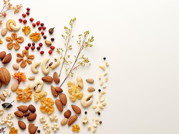 frutos secos y nueces sobre un fondo blanco dispuestos en el espacio de copia de la esquina generado ai