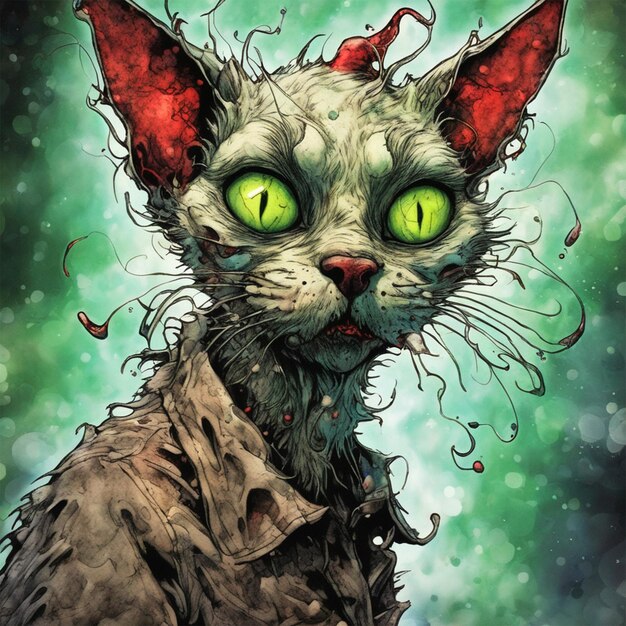 Fsplash Art Alcohol Ink Detailliertes Porträt einer Zombie-Albtraum-bösen Grinchy-Siamkatze