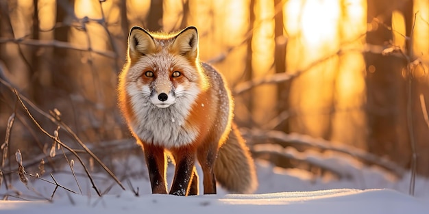 Fuchs auf der Winterwaldwiese mit weißem Schnee