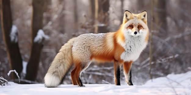 Fuchs auf der Winterwaldwiese mit weißem Schnee