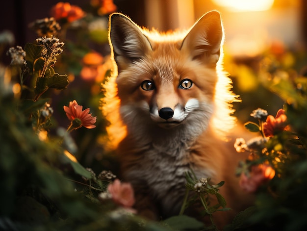 Fuchs aus der Nähe auf einem Blumenfeld