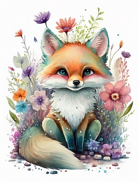 Fuchs in der Blumen-Aquarellmalerei