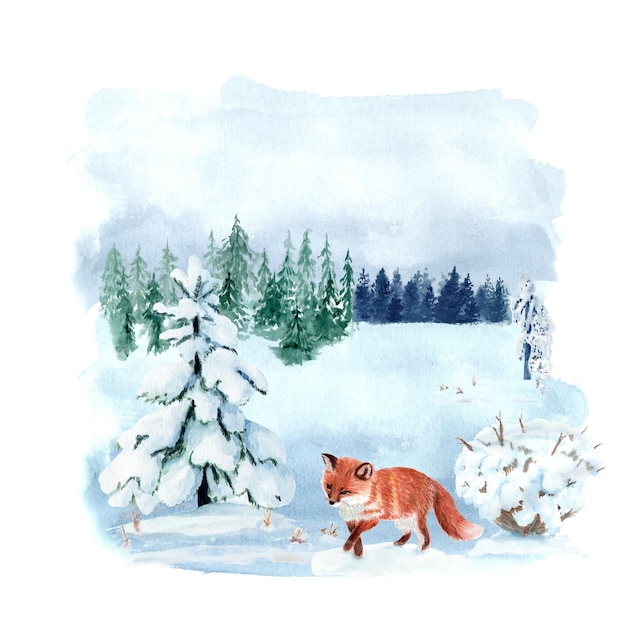 Fuchs in einer Winterlandschaft Aquarell-Illustration Hochwertige handgezeichnete Clip-Art perfekt für Karten Poster Bücher Hausdekorationen als Designelement für Kinder Produkte Kalender für die Wintermonate