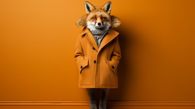 Fuchs in Winterkleidung steht vor fester Farbe