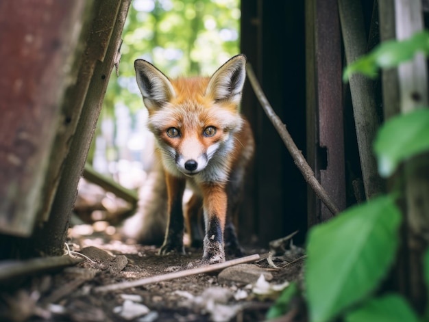 Fuchs schleicht sich durch eine verlassene Scheune