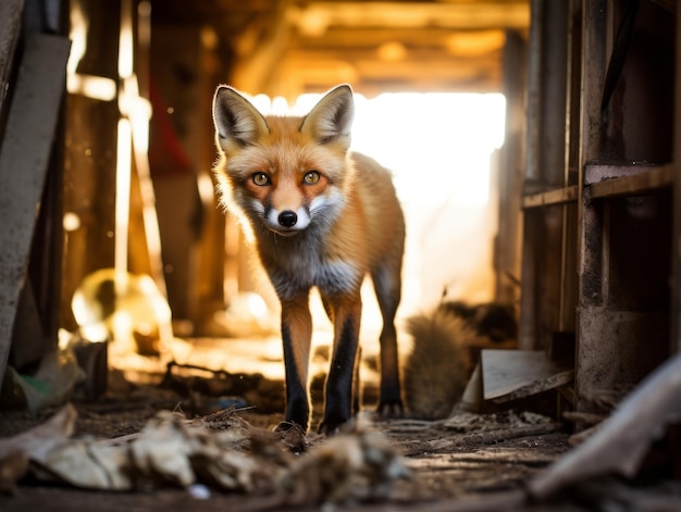 Fuchs schleicht sich durch eine verlassene Scheune