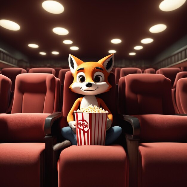 Foto fuchs sitzt in einem kino und isst popcorn und schaut sich einen film an. unwirklicher motor, gemütliche innenbeleuchtung.