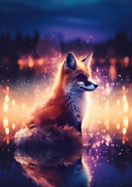 Fuchs Tier mit Bokeh dunkler Sonnenuntergang Hintergrund Nacht bunte Natur Generative Ai