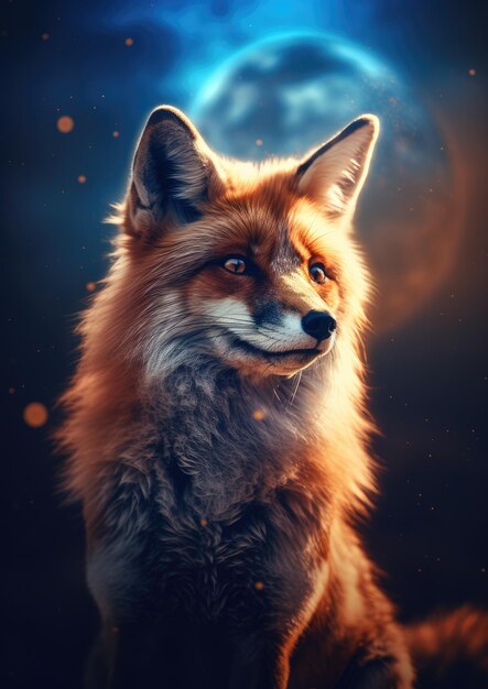 Fuchs Tier mit Bokeh dunkler Sonnenuntergang Hintergrund Nachthimmel mit Sternen und Mond Generative Ai