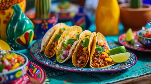 Fügen Sie Requisiten wie mexikanisch inspirierte Keramik, bunte Servietten oder Miniaturkaktuspflanzen hinzu, um die Tacos zu ergänzen und das Gesamtthema zu verbessern