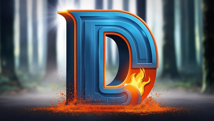 Foto fuego 3d letra d en colores azul y naranja contra un fondo de bosque borroso