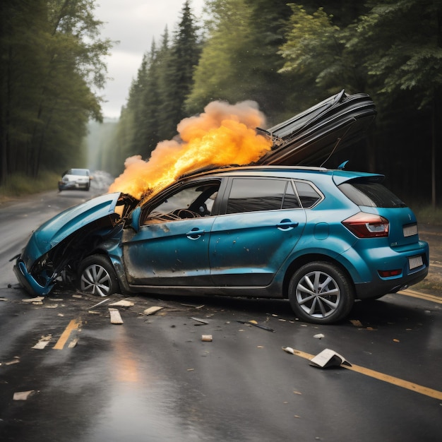 Foto el fuego está apagando un coche azul con la puerta abierta.