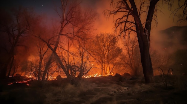 Un fuego arde en el bosque por la noche.