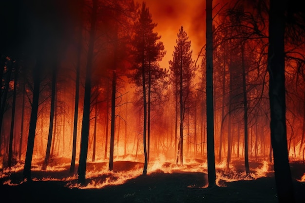 Un fuego arde en un bosque con la palabra fuego a un lado.