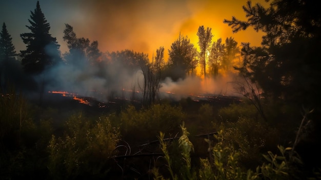 Un fuego arde en el bosque con la puesta de sol detrás de él.