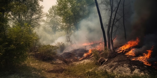 Un fuego arde en el bosque del que sale humo.