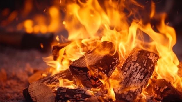 Un fuego arde en una chimenea con una llama en primer plano.