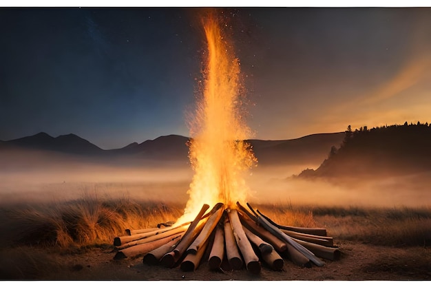 un fuego arde frente a una montaña en el fondo.