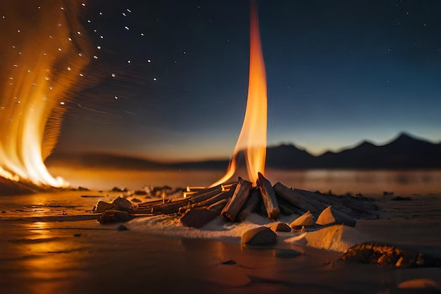 Un fuego arde frente a una montaña con un fuego en el fondo.