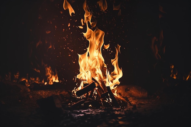 Un fuego arde en una habitación oscura con la palabra fuego en la pantalla.