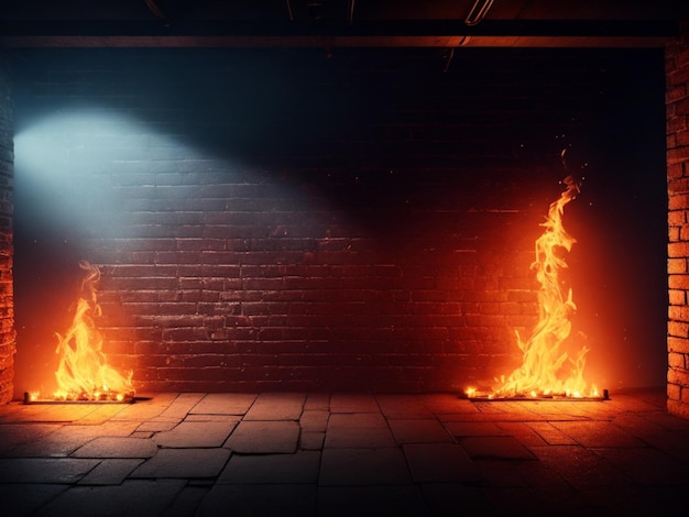 Un fuego arde en una habitación oscura con una pared de ladrillos y un fuego ardiente en la pared.