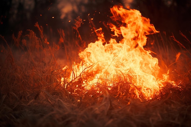 El fuego arde en la hierba con llamas naranjas