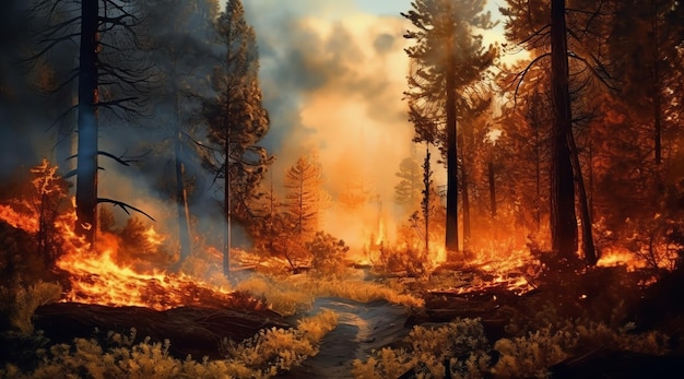 Un fuego arde en una ilustración forestal