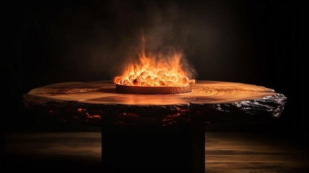 Un fuego arde en una mesa en una habitación oscura.