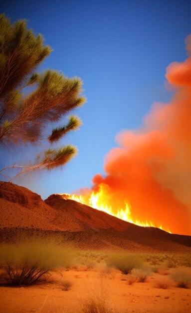 Un fuego arde en una montaña por la noche.