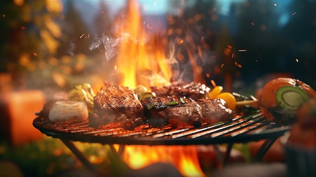 Un fuego arde en una parrilla con carne a la parrilla