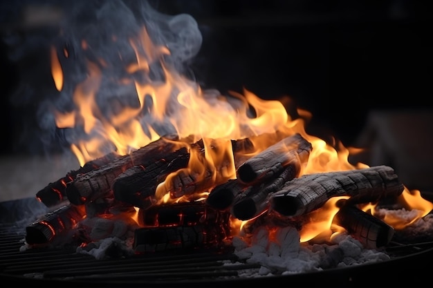 Un fuego arde en una parrilla con fondo negro