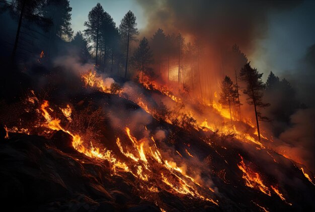 un fuego arde en una pendiente empinada con árboles del otro lado