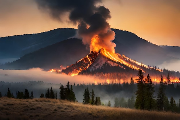 un fuego arde a través de una montaña.